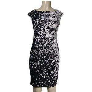 LAUREN RALPH LAUREN Knit ABSTRACT Ruched Black White Career Sheath Mod Dress 4